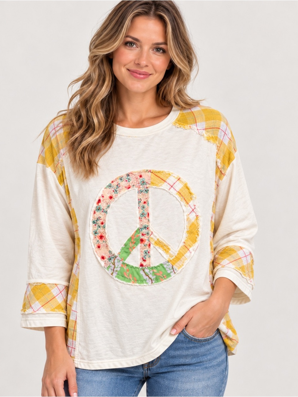 Easel Peace Sign Patchwork Boho Top Women’s Large NWT